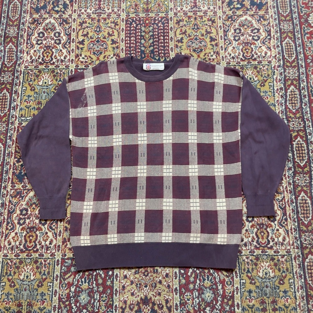 VTG 80s 90s Slazenger Burgundy Brown Plaid Cotton Knit Crewneck Golf‎ Sweater L